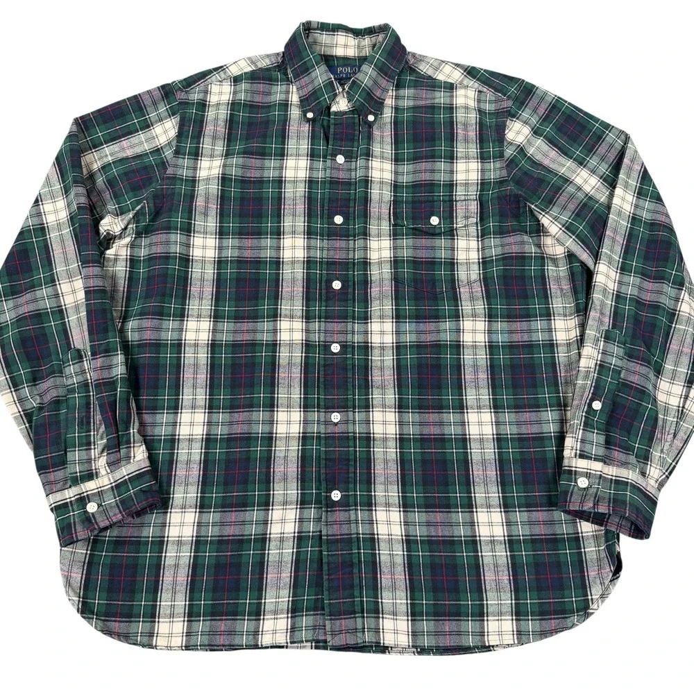 Polo Ralph Lauren Shirt Mens L Classic Fit Green Navy Plaid Cotton Button Down